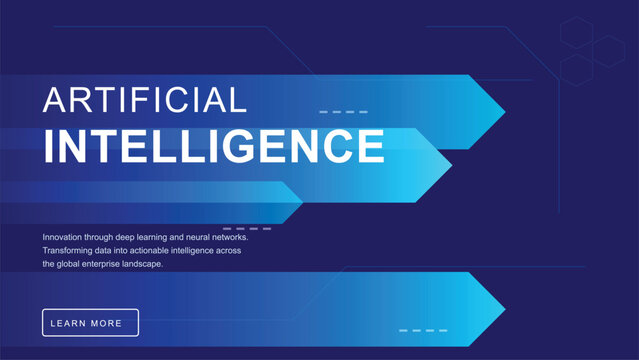 Artificial intelligence concept banner with blue gradient arrows, abstract digital technology background, data learning and neural networks design