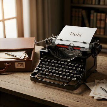 A typewriter sitting on a desk with a piece of paper that says hola