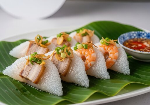 Banh beo, traditional vietnamese steamed rice cakes with shrimp and pork