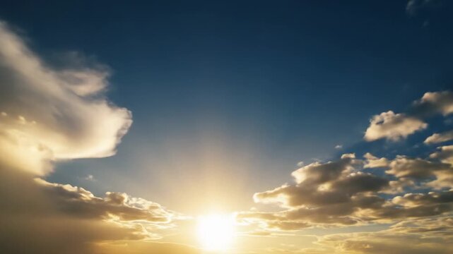 Timelapse of dark clouds breaking apart to reveal blue sky and sunshine, light rays streaming dramatically through the gaps, hope and renewal theme, cinematic contrast.