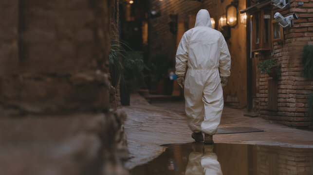 Narrow alley with CCTV cameras mounted at every angle on brick walls, single individual in raincoat mid-stride unaware, lens flare from streetlamp, puddle reflection doubling the cameras, ideal for 