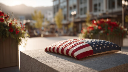 Naklejka premium Memorial Day ceremony at a small-town veterans memorial plaza, folded flag resting on a stone plinth surrounded by red poppy wreaths, early morning mist diffusing soft light across the granite, idea