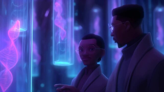 Scientist and female doctor examining glowing neon dna helix in laboratory. Modern genetic research, bioengineering discovery and advanced medical technology concept.