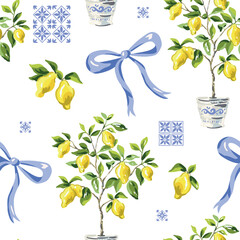 Naklejka premium Lemon trees in the pots, bows, yellow lemon fruits, blue ceramic tile, white background. Vector illustration. Seamless pattern. Summer trendy design. Italian coast