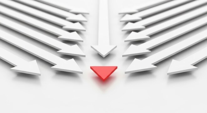 Abstract illustration of arrows pointing toward a central target on a white surface