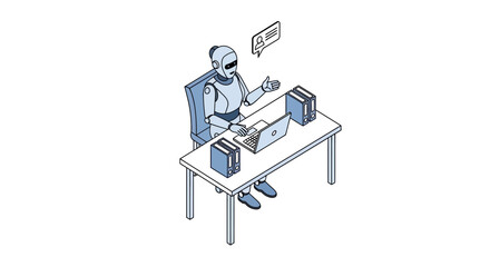 Fototapeta premium Isometric AI Robot Working on Laptop in Office, Artificial Intelligence Chatbot Customer Support Concept Illustration