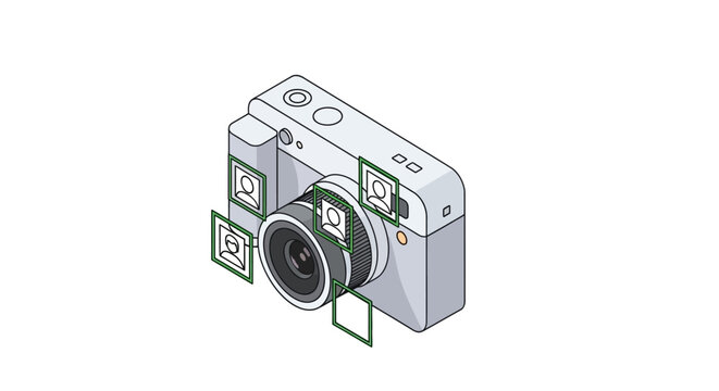 Isometric Digital Camera with Face Recognition Technology and Autofocus Icons, Smart Photography and AI Tracking Concept