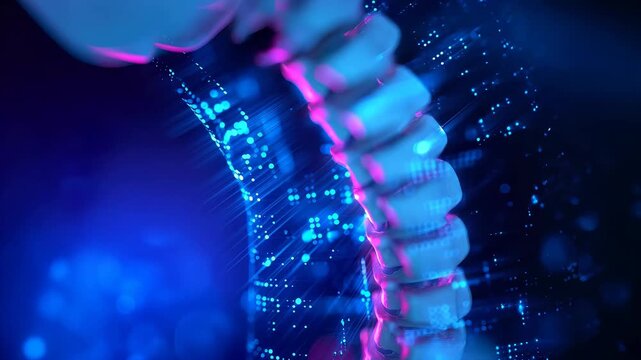 Digital human spine visualization with glowing blue medical data. Innovative orthopedic scanning technology for research and analysis of back bone structure.