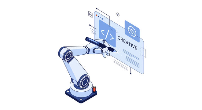 Artificial Intelligence Robotic Arm Designing Web Interface and Writing Code - AI Creative Design Concept Isometric Illustration
