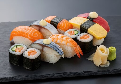 Assorted fresh sushi pieces served on a black stone plate