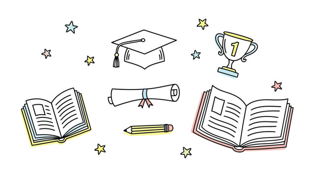 Academic Achievement Icons: Illustrative collection of academic symbols, from a graduation cap and books to a trophy, symbolizing the journey of learning and success. 