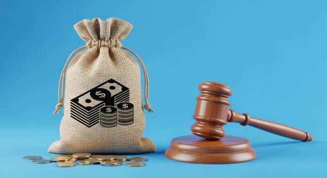 Legal gavel and money bag on blue background, wooden judge mallet with burlap sack of cash, financial law and justice concept