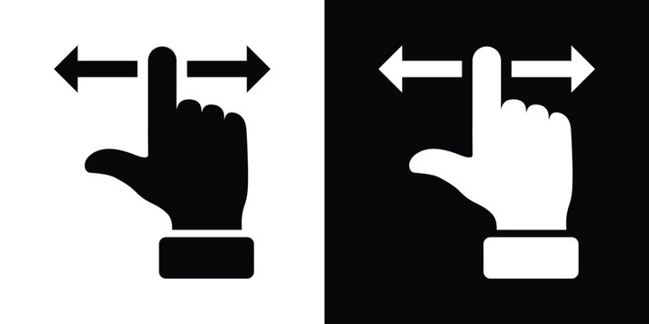horizontal double arrow (left /right) beside pointing index finger in black line art, white version on black square. Clean vector for swipe gestures, scroll controls, mobile UI navigation.