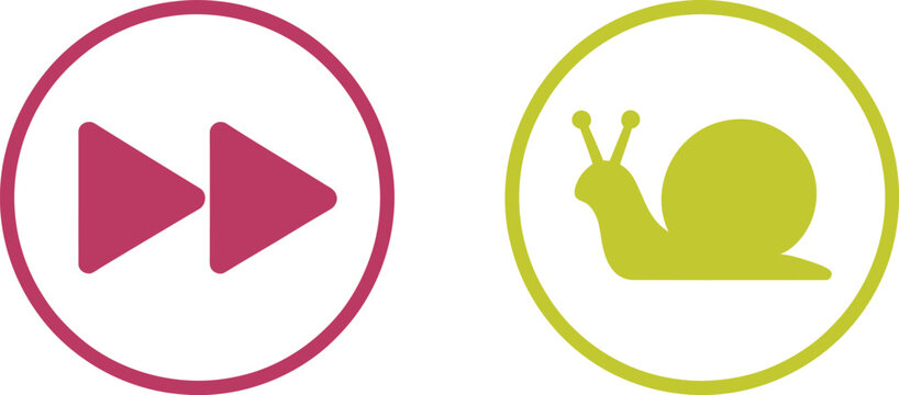 Fast forward and snail icons representing speed contrast and slow pace in simple circular button format