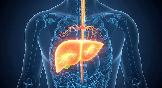 3D rendering of a human body showing the liver and internal organs with a transparent blue overlay.