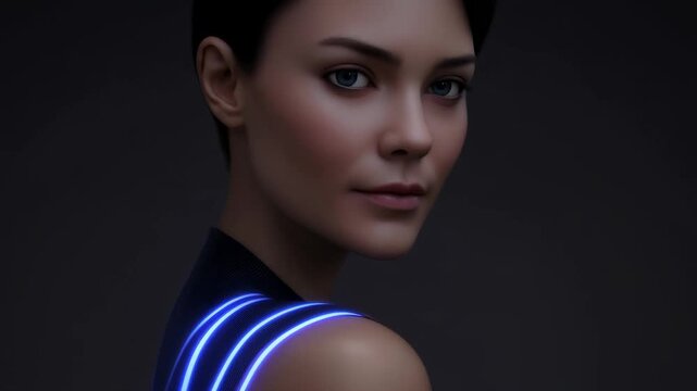 Woman with glowing blue body implants. Cybernetic augmentation of human skin. Innovative medical bioengineering technology for integrated neon light interfaces.