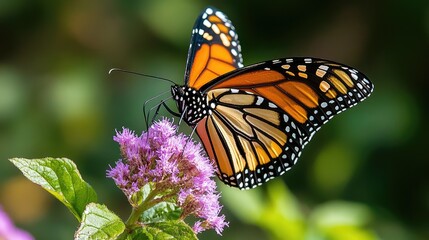 Obraz premium Monarch Butterfly with Open Wings Perched on Purple Flower in Sunlight