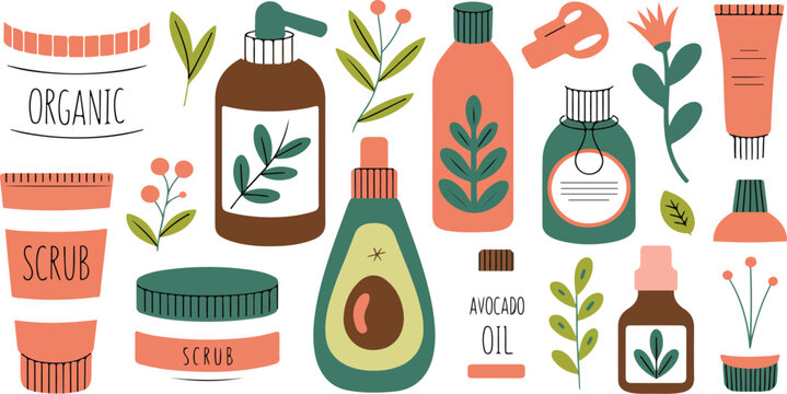 Organic skincare cosmetics set with natural cream, scrub and eco shampoo in bottles, jars and tubes for beauty packaging design