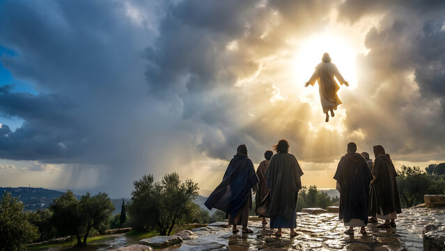Jesus Christ Ascends Through Breakthrough Light Above Waiting Disciples