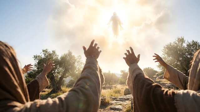 Raised Hands Welcoming the Ascension of Jesus Christ in Bright Clouds
