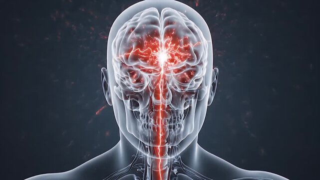Detailed 3D CGI Medical Animation of Human Central Nervous System with Glowing Neural Pathways and Brain Activity in Dark Clinical Environment