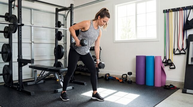 Focused woman doing bent-over dumbbell rows during strength training workout in home garage gym