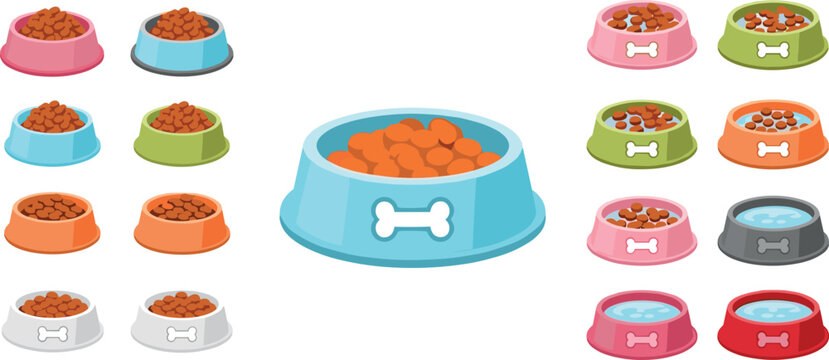 Pet food bowls set with dry kibble and water colorful flat vector illustration dog and cat feeding dishes isolated