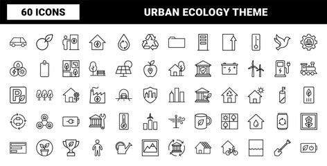 Fototapeta premium Sustainable city and green energy minimalist line icon set
