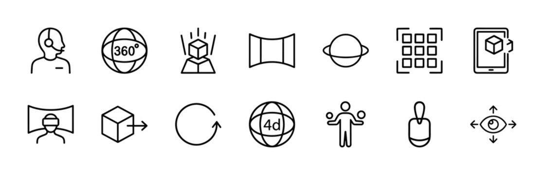 Virtual reality and augmented reality line icons for futuristic technology interfaces.