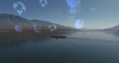 Naklejka premium Crew starting motor and piloting marine barge across fjord, graphics over sky matching crew route