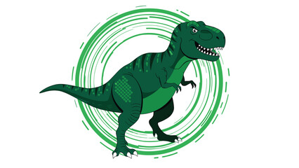 Fototapeta premium Mighty green Tyrannosaurus Rex stands in profile against a circular abstract background with green brush strokes and lines.