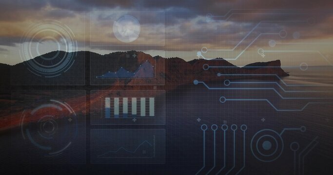 Running rocky headland silhouette crossing dusk seascape, showing pale sun disc and data overlay