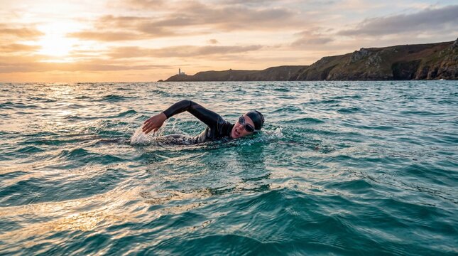 Determined female open water swimmer in wetsuit swimming freestyle in ocean at beautiful sunset
