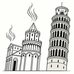 Obraz premium Black and white illustration of pisa cathedral and leaning tower of pisa