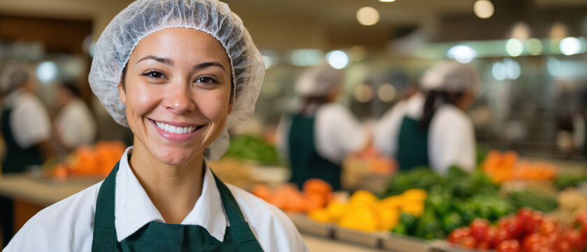 Smiling female food service worker in apron and hairnet, blurred school cafeteria with fresh healthy food in background