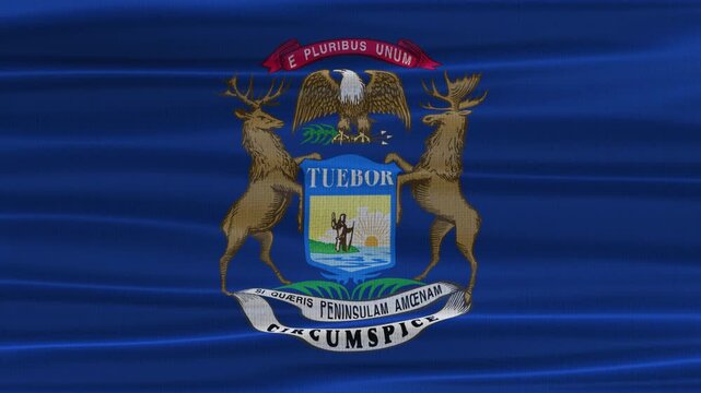Michigan flag waving in the wind with high quality fabric texture