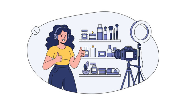 Female beauty influencer records a makeup tutorial for her social media channel using a professional camera and ring light.