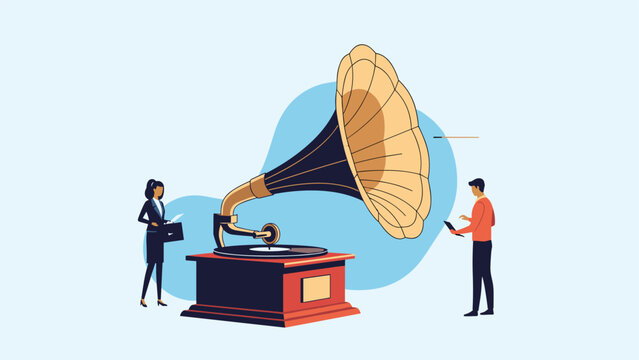 Man and woman stand next to a giant vintage gramophone to listen to music in a conceptual flat illustration for audio fans.