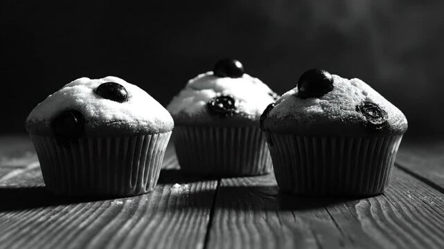 Black and white shot of three cherry muffins dusted with powdered sugar sitting on a wooden surface
