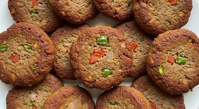 Authentic Pashtun Style Shami Kababs, Fried Minced Meat Patties on White Plate
