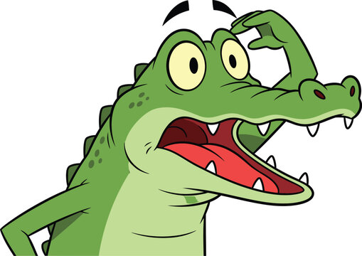 Alligator cartoon character scratches its head in a confused manner while appearing surprised.