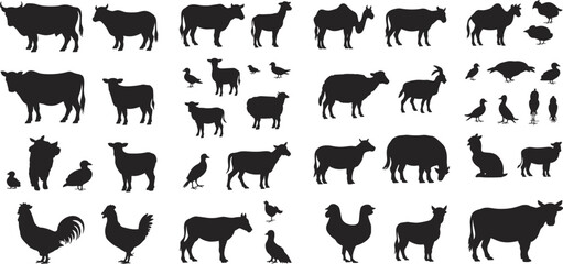 Farm animal silhouettes collection featuring cows, sheep, goats, chickens, ducks, geese, rabbits, agriculture, livestock, farming, poultry, rural life © MOSTSHAHANAJ