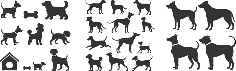 Obraz premium Dog silhouettes collection showing small, medium, large breeds, sitting, standing, walking, doghouse, bones, pets, animals, canine, domestic, lifestyle
