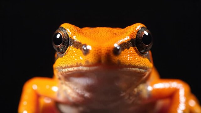 Extreme macro close-up of a vibrant orange poison dart frog staring directly into the camera lens with large dark eyes against a solid black background, detailed skin texture.