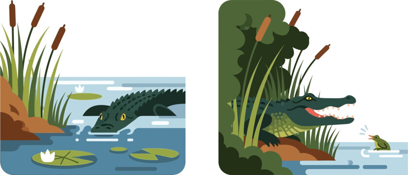 Alligators inhabit a lush wetland environment featuring reeds, lily pads, and a small curious frog near the water edge.