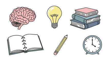 Brainstorming Essentials:  A conceptual illustration showcasing the tools of learning,  creativity and knowledge, featuring a brain, lightbulb, books, an open notebook, a pencil, and a clock.  © Shafiq