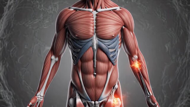 Detailed 3D CGI Medical Animation of Human Musculoskeletal System Anatomical Layers with Visible Muscle Fibers and Skeletal Structure on a Textured Dark Background