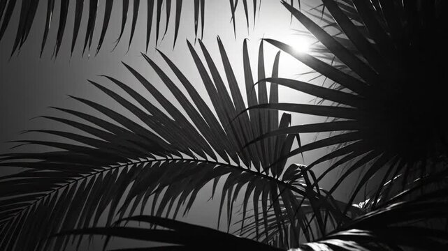 Black and white shot of palm tree leaves with sunlight shining through the sky
