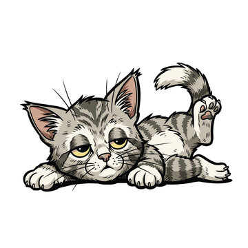Cartoon grey tabby kitten lying down.