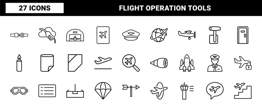 Minimalist aviation and airline thin line icon set